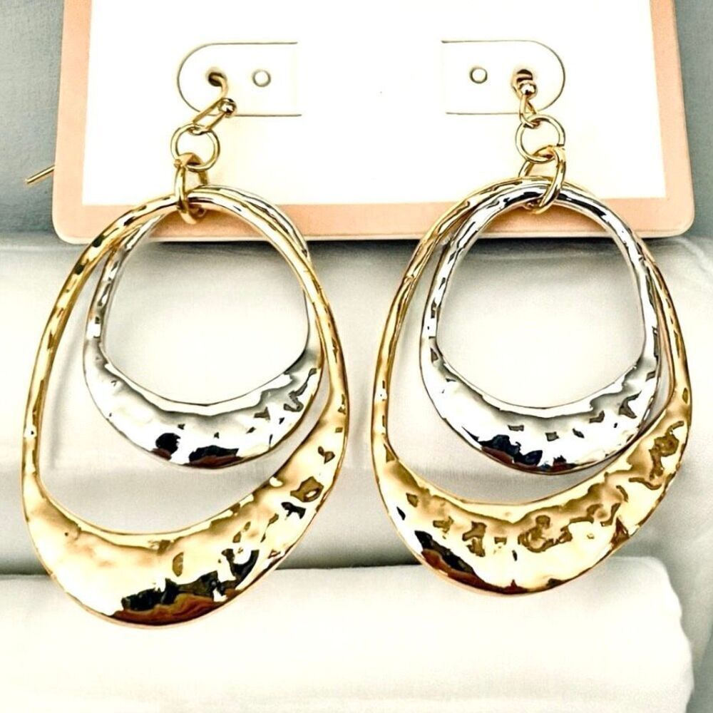 NWT Carole INC Gold Silver Tone Textured Dangle Drop Double Hoops Hoop earrings